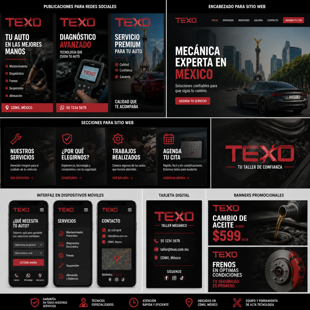 TEXO — aplicación de marca: Publicaciones para redes sociales, encabezado de sitio web, secciones de página, interfaz móvil, tarjeta digital y banners promocionales