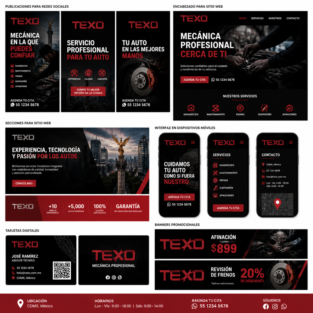 TEXO — aplicación de marca: Publicaciones para redes sociales, encabezado de sitio web, interfaz móvil, tarjetas digitales y banners promocionales — variante 2