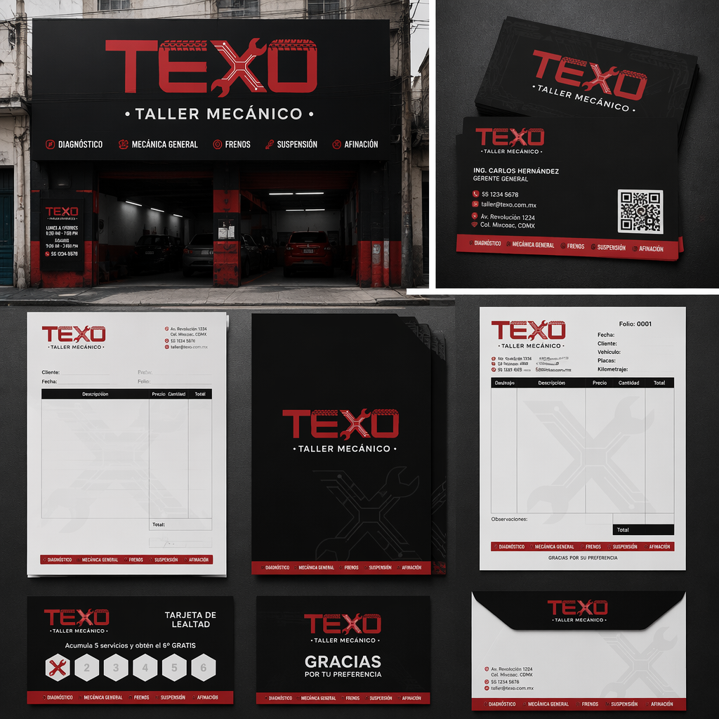 TEXO — aplicación de marca: Fachada de taller, tarjetas de presentación y papelería: factura, carpeta, tarjeta de lealtad, sobre