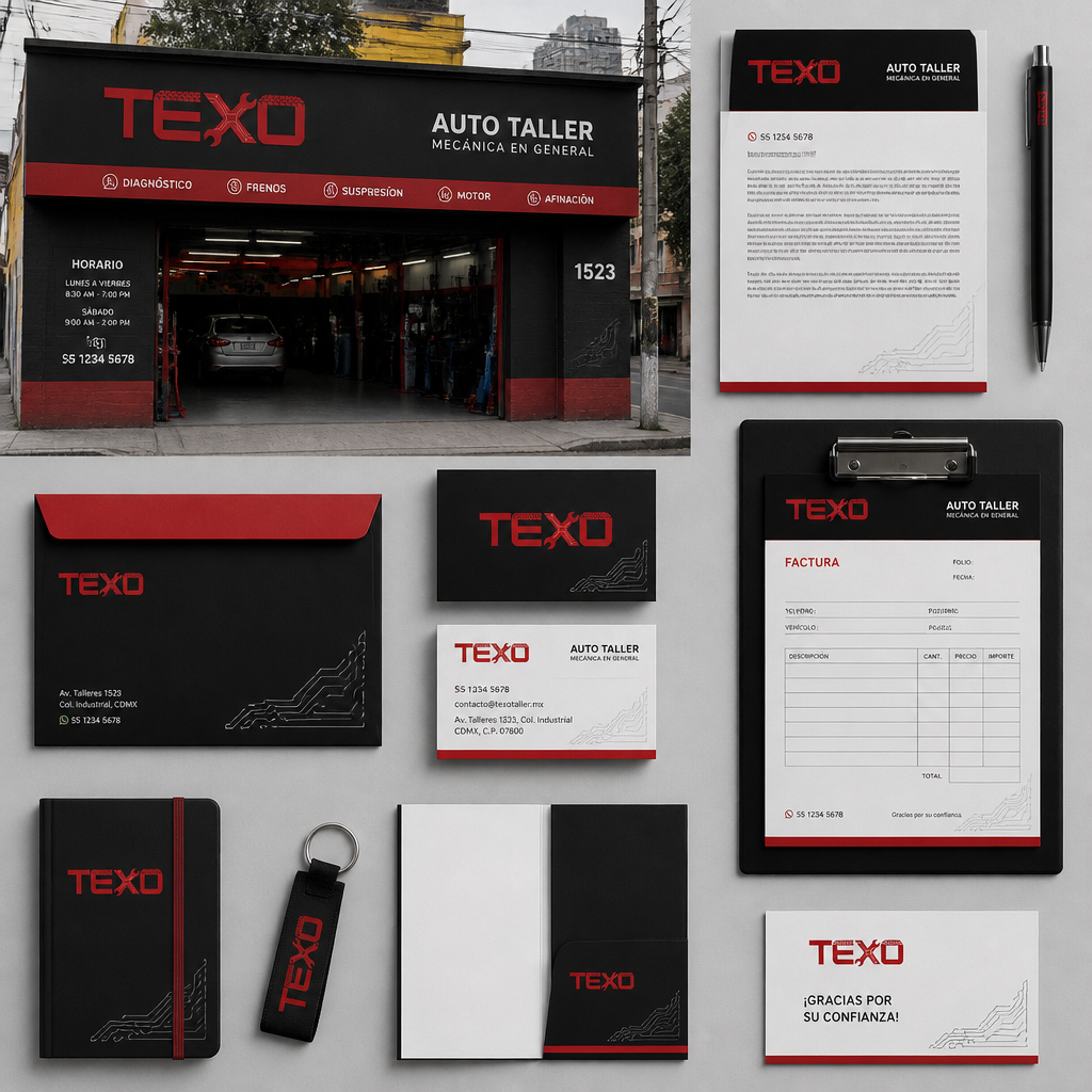 TEXO — aplicación de marca: Fachada de taller y papelería corporativa: carta membretada, factura, sobre, libreta, llavero