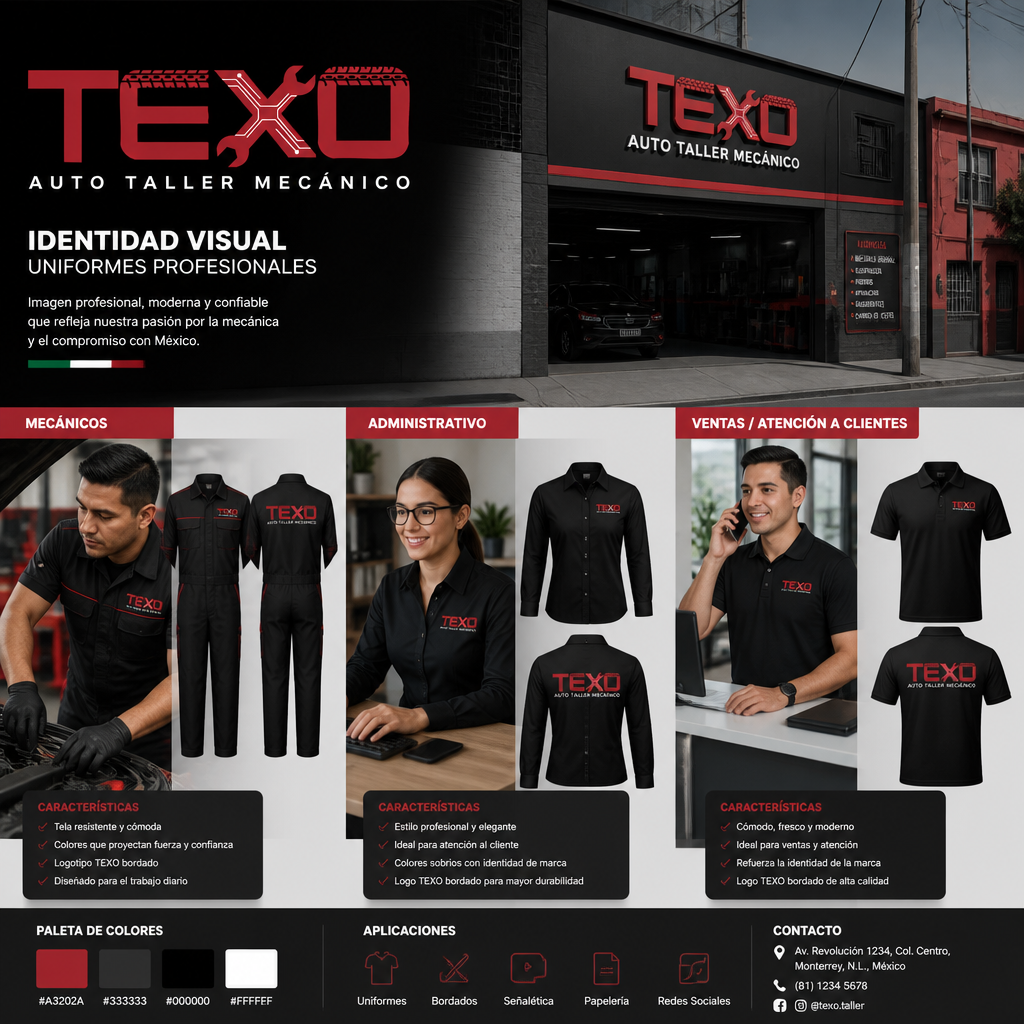 TEXO — aplicación de marca: Uniformes por área — mecánicos, administrativo y ventas/atención a clientes —, fachada del taller y paleta de colores institucional