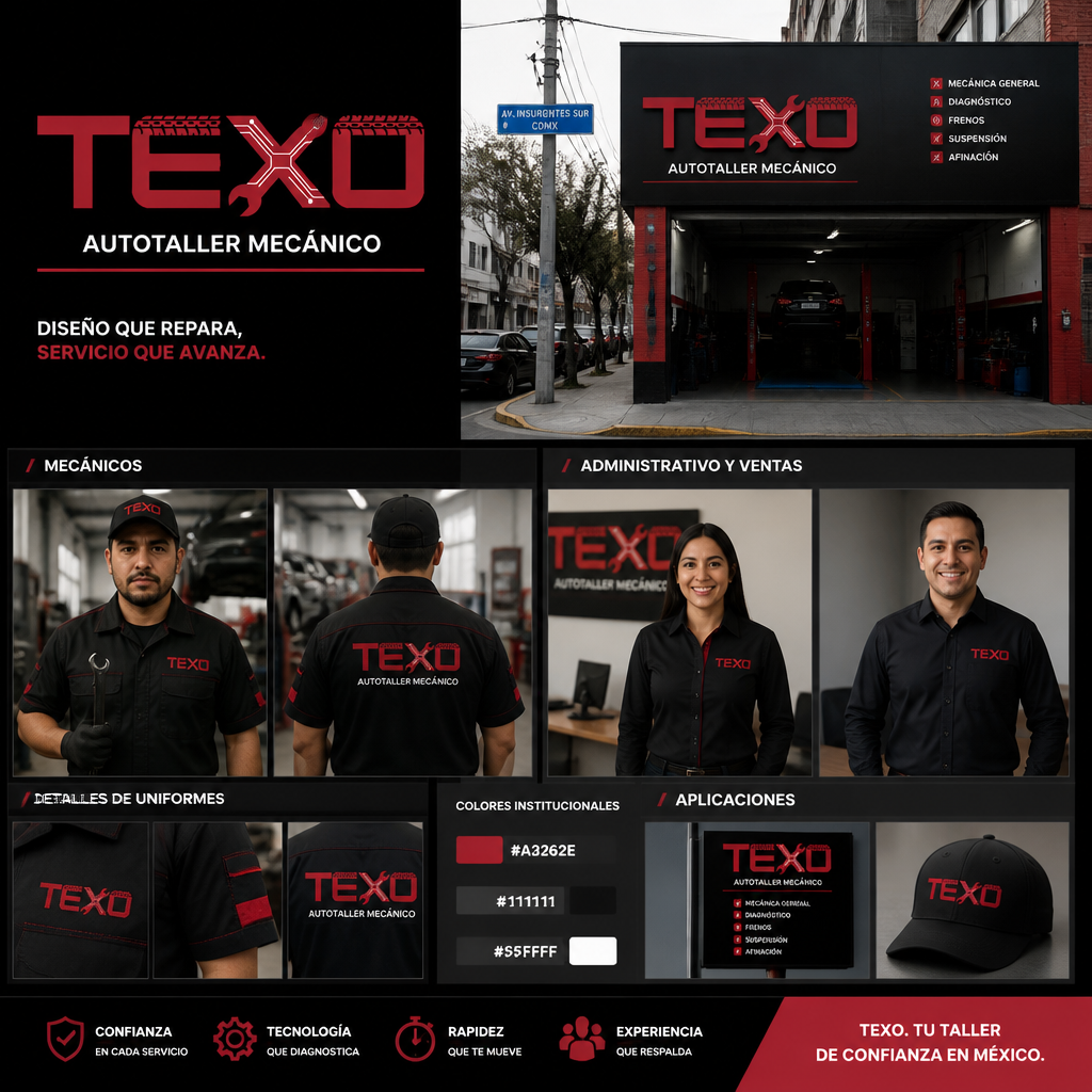TEXO — aplicación de marca: Uniformes de mecánicos y personal administrativo, fachada del taller, detalle de bordado y gorra